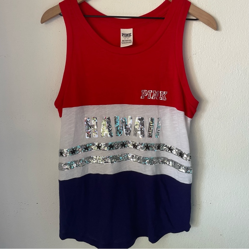 PINK Victoria’s Secret Hawaii Sequin Bling Red White & Blue Patriotic Tank